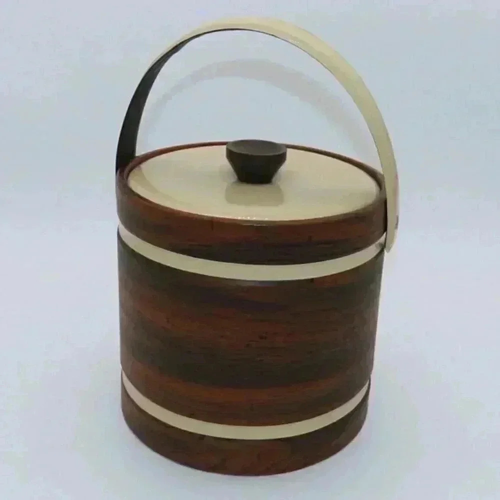 Vintage Ice Bucket Insulated Faux Wood Vinyl 1970s MCM